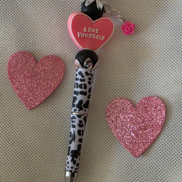 Handmade Other - Love Yourself Heart Pen with Animal Print And Dangling Flower